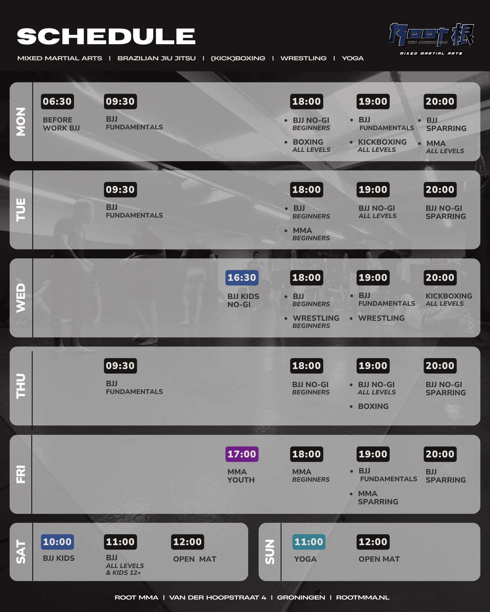 Root MMA timetable